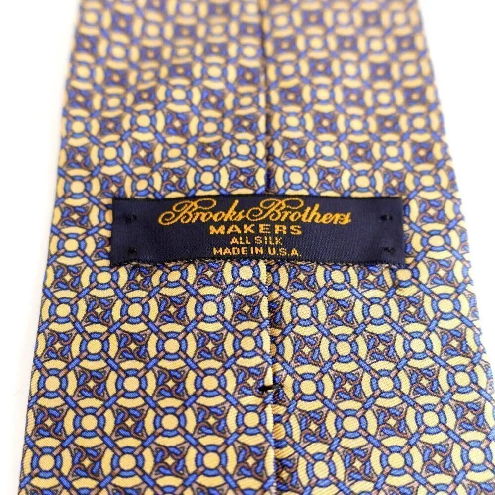 Brooks Brothers Makers Yellow Blue Geometric Short Print Silk‎ Tie